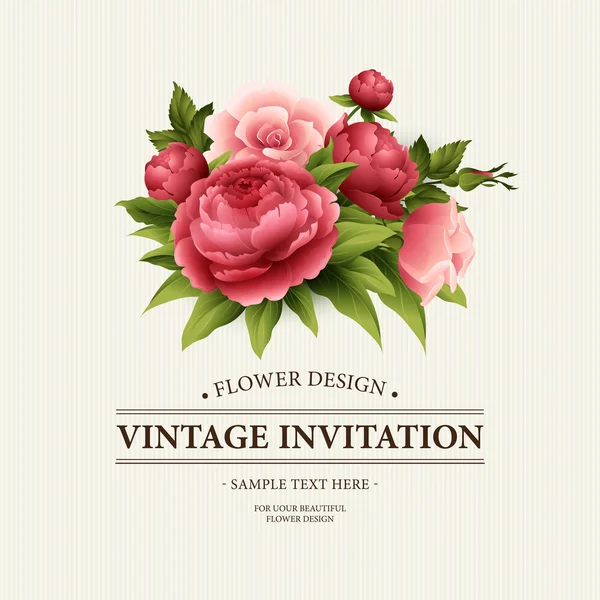 Tarjeta de felicitación Vintage con peonía floreciente y flores de rosa. Ilustración vectorial — Vector de stock