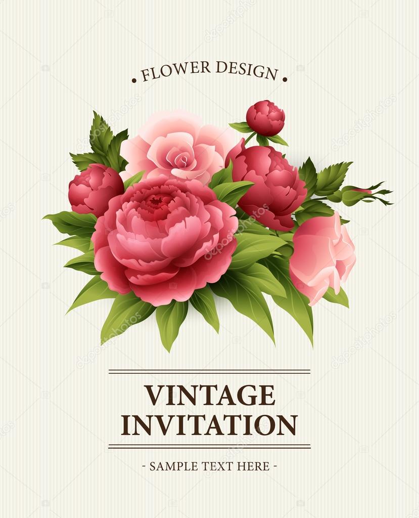 Vintage  Greeting Card with Blooming peony and rose Flowers.  Vector Illustration