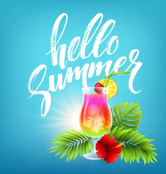 Cóctel exótico y saludo de verano en la playa tropical. Ilustración vectorial — Vector de stock