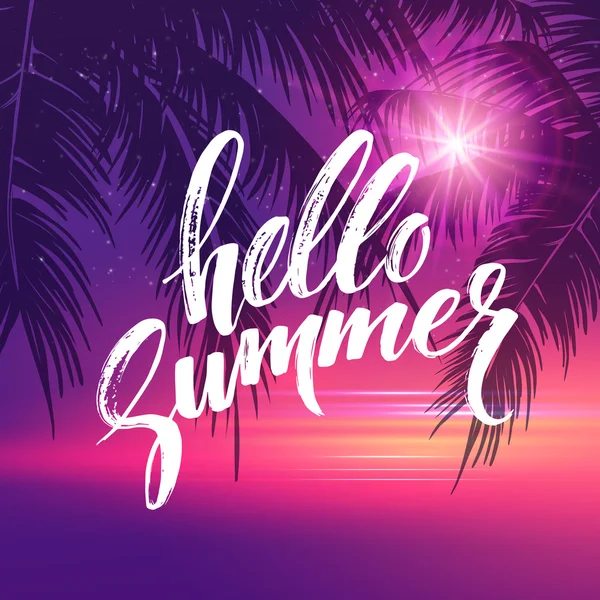 Hello summer background. Tropical palm leaves pattern, handwriting lettering. Palm Tree branches. Tropic paradise backdrop. Vector illustration — Stock Illustration Hello summer background. Tropical palm leaves pattern, handwriting lettering. Palm Tree branches. Tropic paradise backdrop. Vector illustration Stock Vector