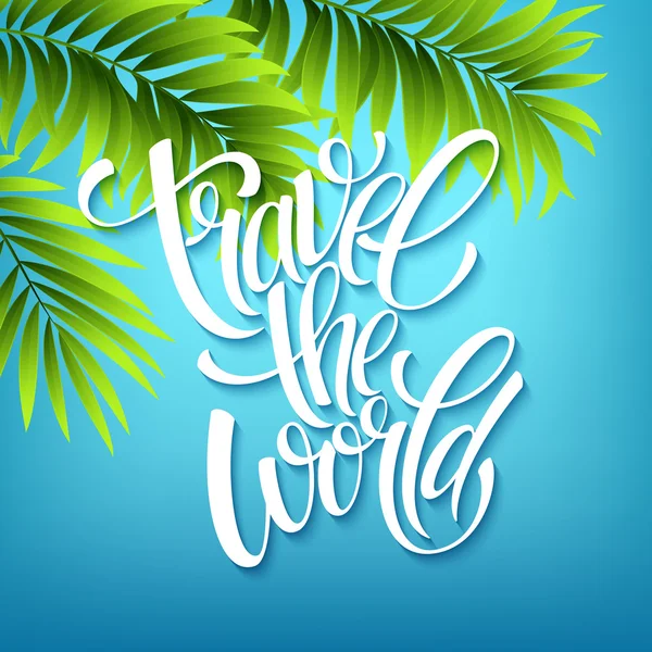 Travel the world. Handmade lettering. Island with palm trees. Sea beach. Summer poster. Vector illustration — Stock Vector