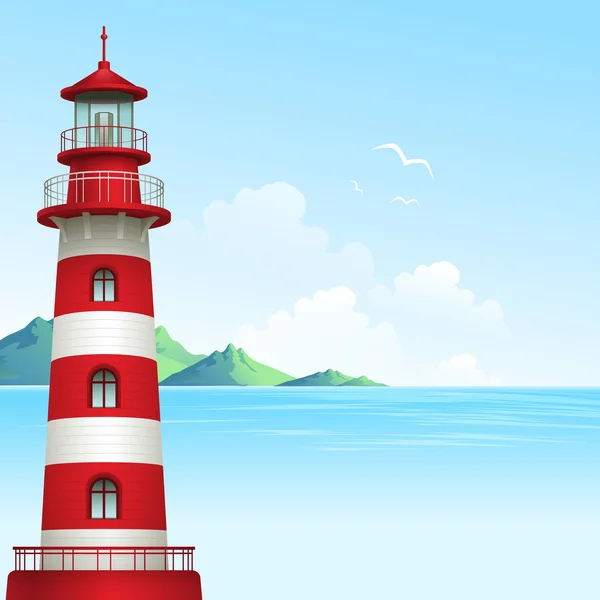 Fundo azul do mar com ondas e farol. Ilustração vetorial — Vetor de Stock