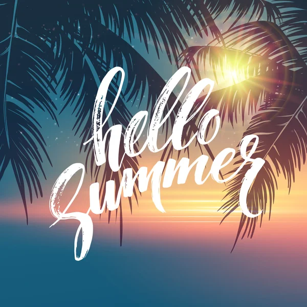 Hello summer background. Tropical palm leaves pattern, handwriting lettering. Palm Tree branches. Tropic paradise backdrop. Vector illustration — Stock Illustration Hello summer background. Tropical palm leaves pattern, handwriting lettering. Palm Tree branches. Tropic paradise backdrop. Vector illustration Stock Vector