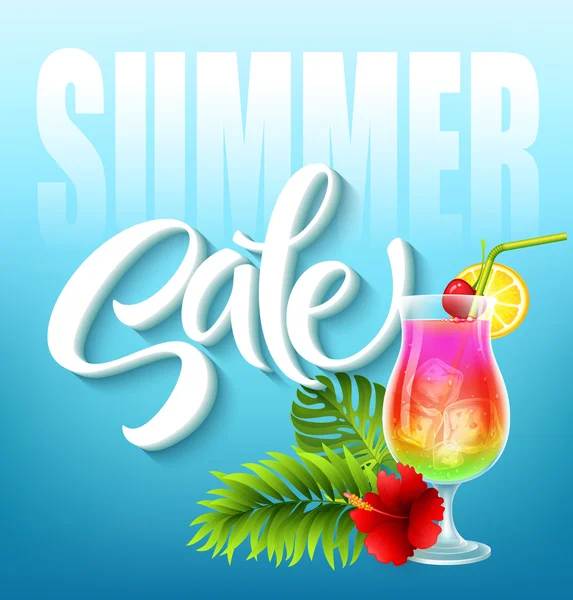 Літній продаж на синьому фоні зі склянкою екзотичного коктейлю, пальмового листя і тропічної рослини. Векторні ілюстрації — стоковий вектор