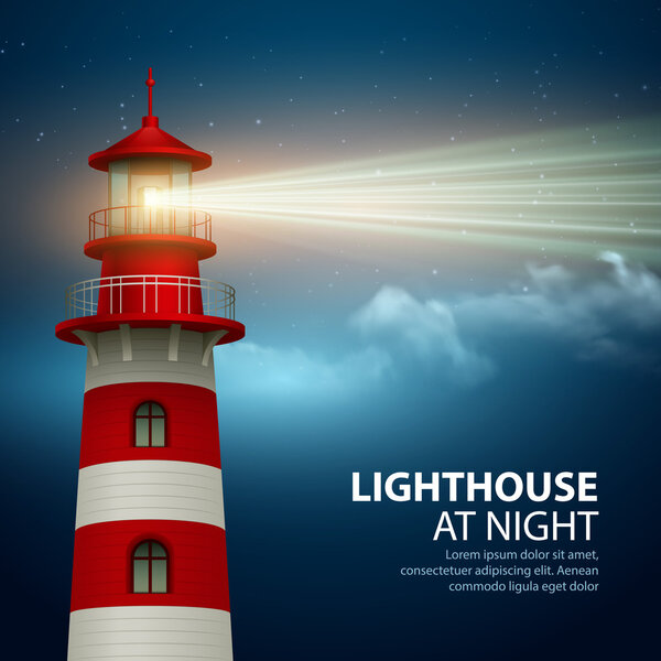 Realistic lighthouse  in the night sky background. Vector illustration