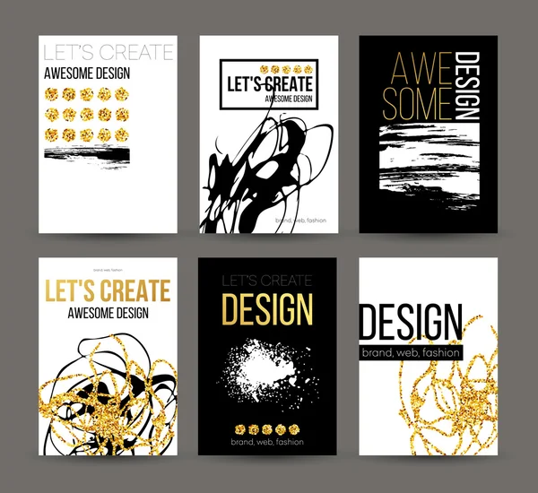 A set of brochures with golden hand-drawn design elements. Vector brochure templates, posters, flyers, brand. Golden, black, white backgrounds, patterns, textures and elements. Vector illustration — Stock Vector