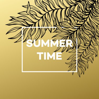 Yaz tropikal arka plan palmiye yaprakları ve altın metin ve çerçeve. Vektör çizim