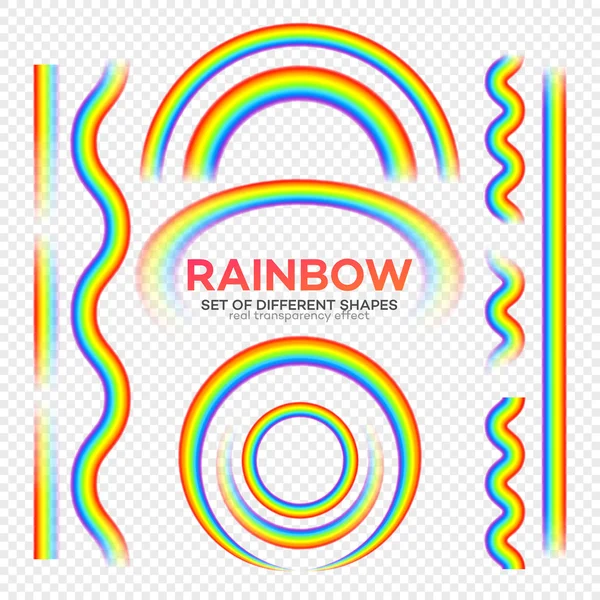 Regenbogen verschillende vorm ingesteld. Echte effect van de transparantie van de regenboog. Vectorillustratie — Stockvector