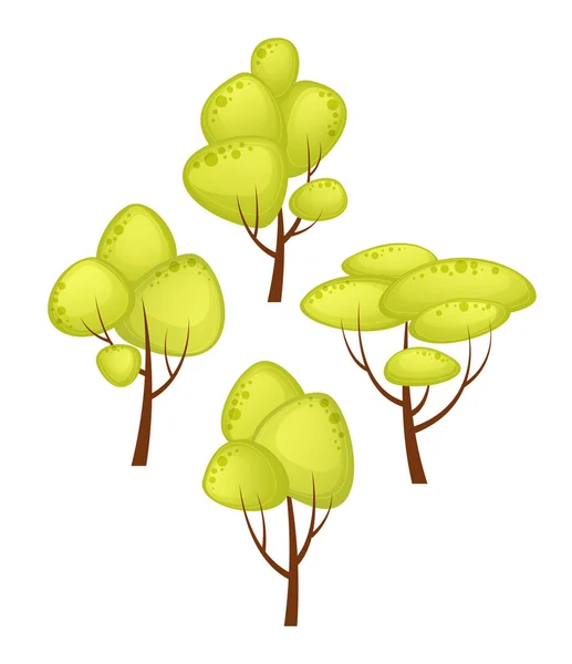 Farklı ağaç karikatür tarzı kümesi. Yaz yeşil ağaç. Vektör karikatür çizim — Stok Vektör