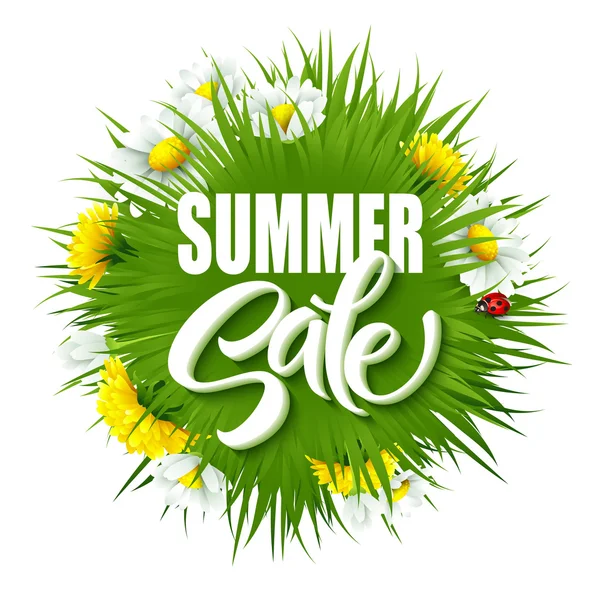 Estate vendita lettering sfondo con estate erba verde e fiori. Illustrazione vettoriale — Vettoriale Stock