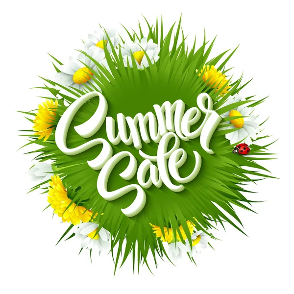 Venta de verano fondo de letras con hierba verde de verano y flores. Ilustración vectorial — Vector de stock