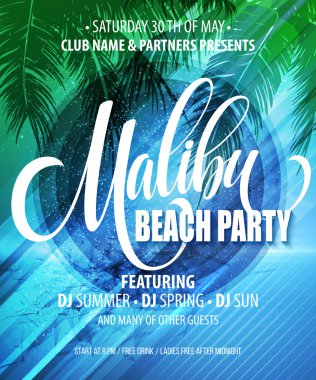 Malibu Beach Party poster. Tropikal arka plan. Vektör çizim