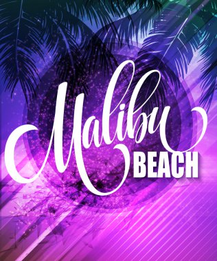 Malibu California palm yaprak tropikal arka planında harflerle el yazısı. Vektör çizim