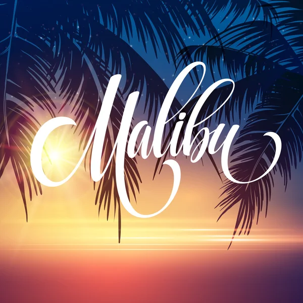 Malibu Californië handschrift belettering op de palm blad tropische achtergrond. Vectorillustratie — Stockvector