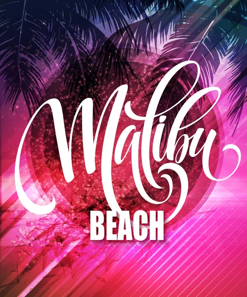 Malibu Californië handschrift belettering op de palm blad tropische achtergrond. Vectorillustratie — Stockvector