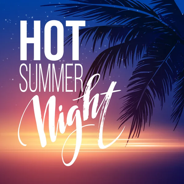 Hot Summer Night Party Poster Design com elementos tipográficos no fundo da praia do mar. Ilustração vetorial — Vetor de Stock