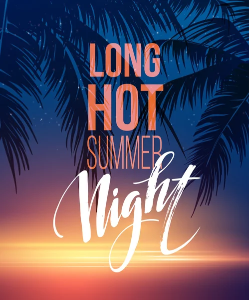 Плакат "Hot Summer Night Party" с типографическими элементами на фоне морского пляжа. Векторная иллюстрация — стоковый вектор