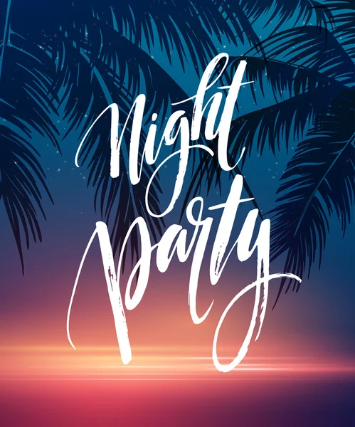 Hot Summer Night Party Poster Design com elementos tipográficos no fundo da praia do mar. Ilustração vetorial —  Vetores de Stock