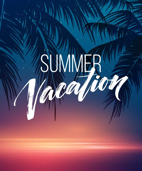 Escritura de vacaciones de verano. Tipografía, letras y caligrafía. Plantilla de diseño de póster y volante. Paisaje de verano con palmeras y mar. Ilustración vectorial — Vector de stock