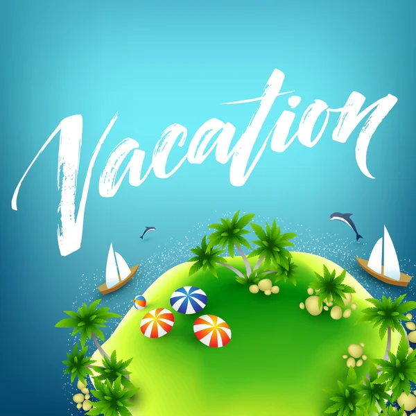 Summer vacation handwriting. Typography, lettering and calligraphy. Poster and flyer design template. Summer landscape with palm trees and sea. Vector illustration — Stock Vector