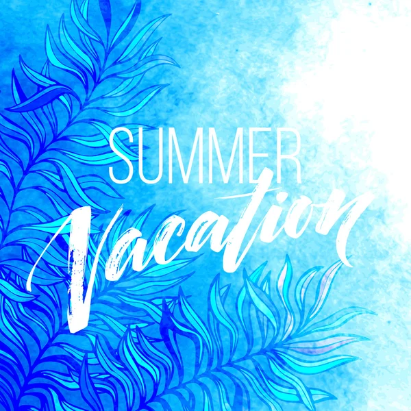Yaz tatil el yazısı. Tipografi, yazı ve hat. Poster ve el ilanı tasarım şablonu. Yaz, yatay, palmiye ağaçları ve deniz. Vektör çizim — Stok Vektör