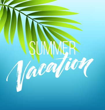 Yaz tatil el yazısı. Tipografi, yazı ve hat. Poster ve el ilanı tasarım şablonu. Yaz, yatay, palmiye ağaçları ve deniz. Vektör çizim