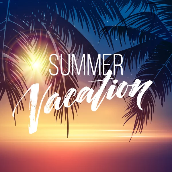 Escritura de vacaciones de verano. Tipografía, letras y caligrafía. Plantilla de diseño de póster y volante. Paisaje de verano con palmeras y mar. Ilustración vectorial — Vector de stock