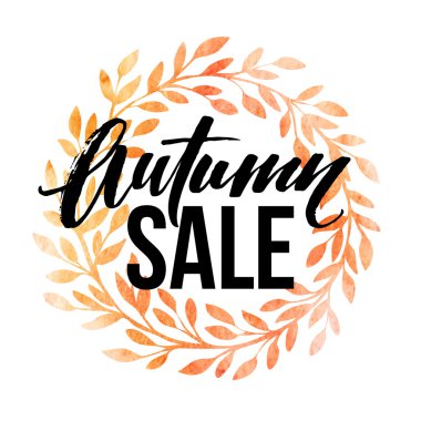 Sonbahar çelenk bırakır. Suluboya dokusu. Sonbahar yaprağı. Satış yazı tasarımı. Vektör çizimi