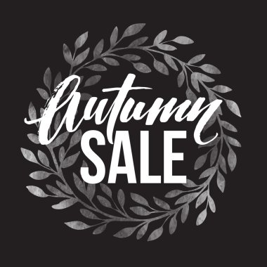 Sonbahar satış yuvarlak çerçeve siyah tebeşir üzerinde tebeşir ile yazılmıştır. Sonbahar yaprağı çelengi. Vektör çizimi