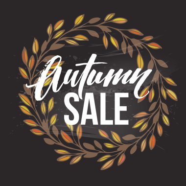 Sonbahar satış yuvarlak çerçeve siyah tebeşir üzerinde tebeşir ile yazılmıştır. Sonbahar yaprağı çelengi. Vektör çizimi