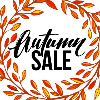 Sonbahar yuvarlak tam yaprakları çelenk ve Sonbahar Satış Yazı ile Çerçeve. Vektör çizimi