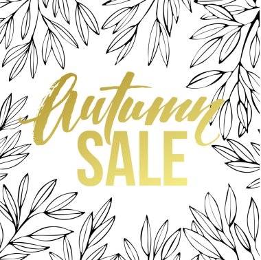 Sonbahar el harflerle yazılı. Altın, siyah ve beyaz renk. Sonbahar satış banner tasarımı. Vektör çizim