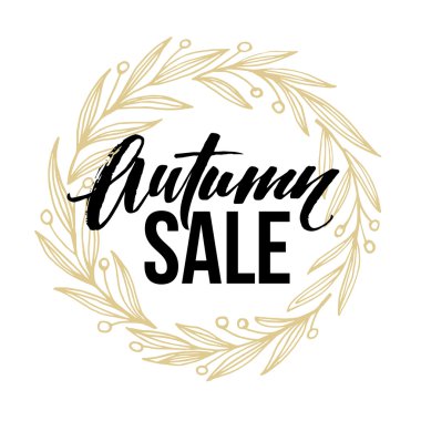 Sonbahar yuvarlak tam yaprakları çelenk ve Sonbahar Satış Yazı ile Çerçeve. Vektör çizimi