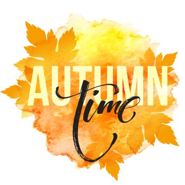 Fall time poster with colorful watercolor leaves. Vector illustration clipart