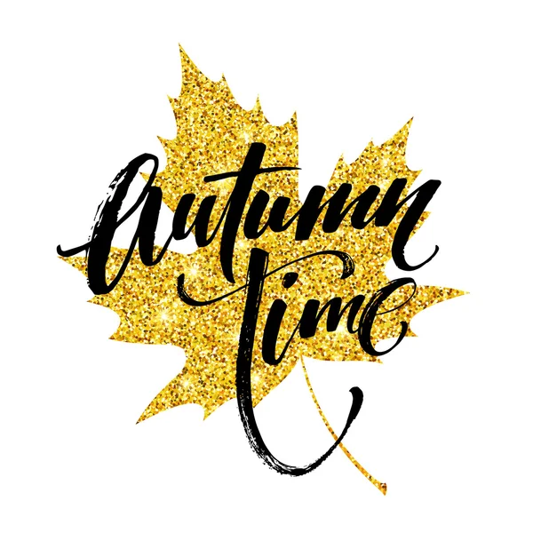 Autumn hand written lettering. Golden, black and white color. Fall time banner design. Vector illustration — Stock Vector