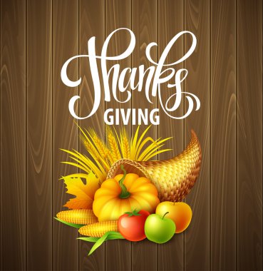 Illustration of a Thanksgiving cornucopia full of harvest fruits and vegetables. Fall greeting design. Autumn harvest celebration. Pumpkin and leaves. Vector illustration clipart