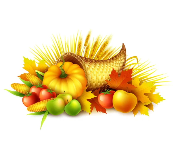 Иллюстрация рога благодарения, наполненного фруктами и овощами. Дизайн осеннего приветствия. Осенний сбор урожая. Тыква и листья. Векторная иллюстрация — стоковый вектор
