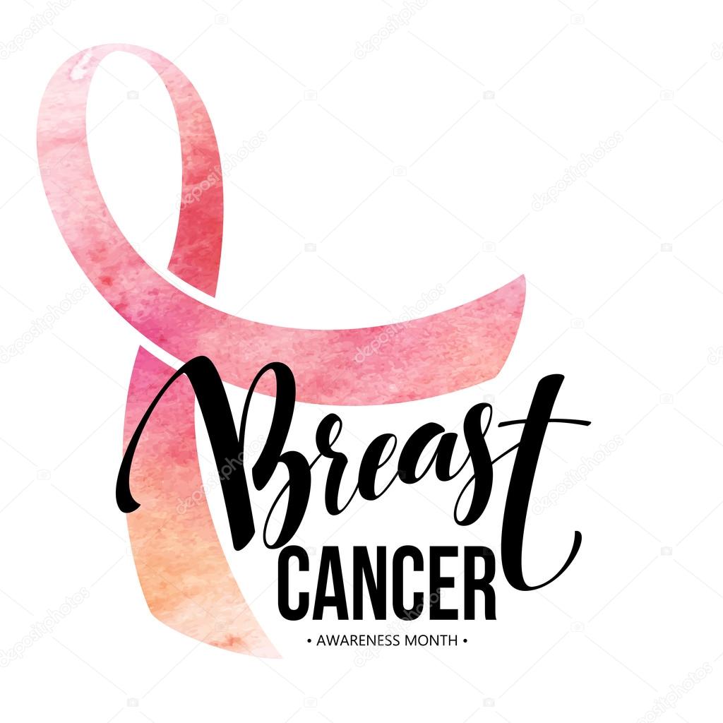 Breast cancer card. Awareness month ribbon. Watercolor texture. Modern brush calligraphy. Isolated on white background. Vector illustration