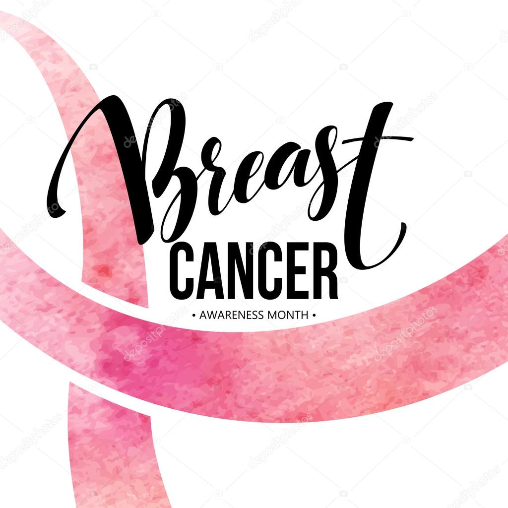 Breast cancer card. Awareness month ribbon. Watercolor texture. Modern brush calligraphy. Isolated on white background. Vector illustration