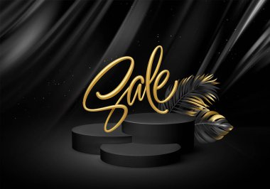 Siyah ipek arka planda 3D gerçekçi siyah kaide. Altın satılık harfler ve palmiye yapraklarıyla. Ürün için boş uzay tasarımı lüks model sahnesi. Vektör illüstrasyonu