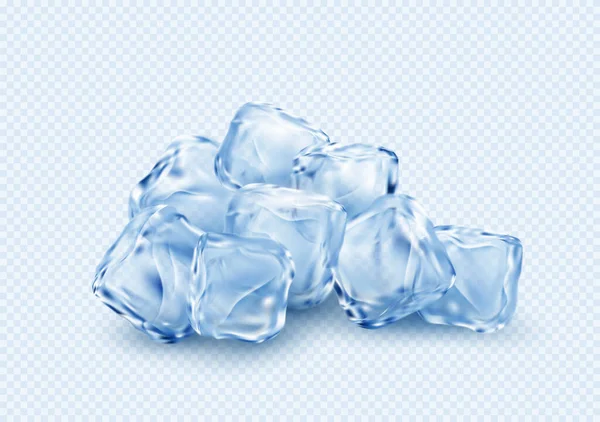 Группа льда прозрачные прозрачные кубики изолированы на светло-голубом прозрачном фоне. Векторная иллюстрация — стоковый вектор