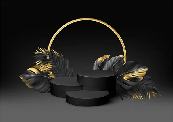 3d réaliste piédestal noir sur fond noir avec des éléments dorés feuilles de palmier. Espace vide design luxe scène de maquette pour le produit. Illustration vectorielle — Image vectorielle