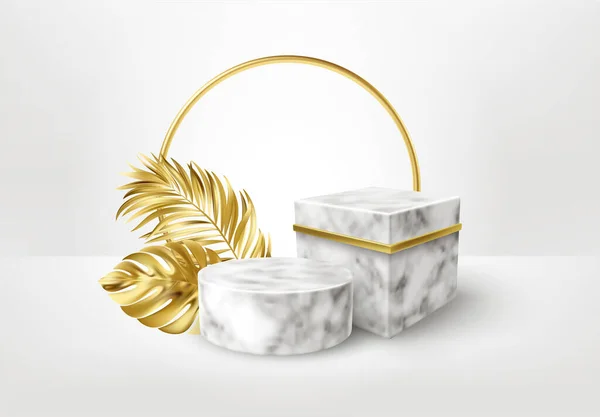 3d realista pedestal de mármore branco e preto sobre fundo branco com folhas de palma dourada. Espaço vazio design luxo mockup cena para o produto. Ilustração vetorial — Vetor de Stock