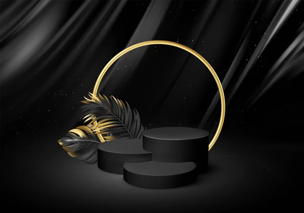 3d realista pedestal preto em um fundo de seda preta com elementos dourados folhas de palma. Espaço vazio design luxo mockup cena para o produto. Ilustração vetorial —  Vetores de Stock