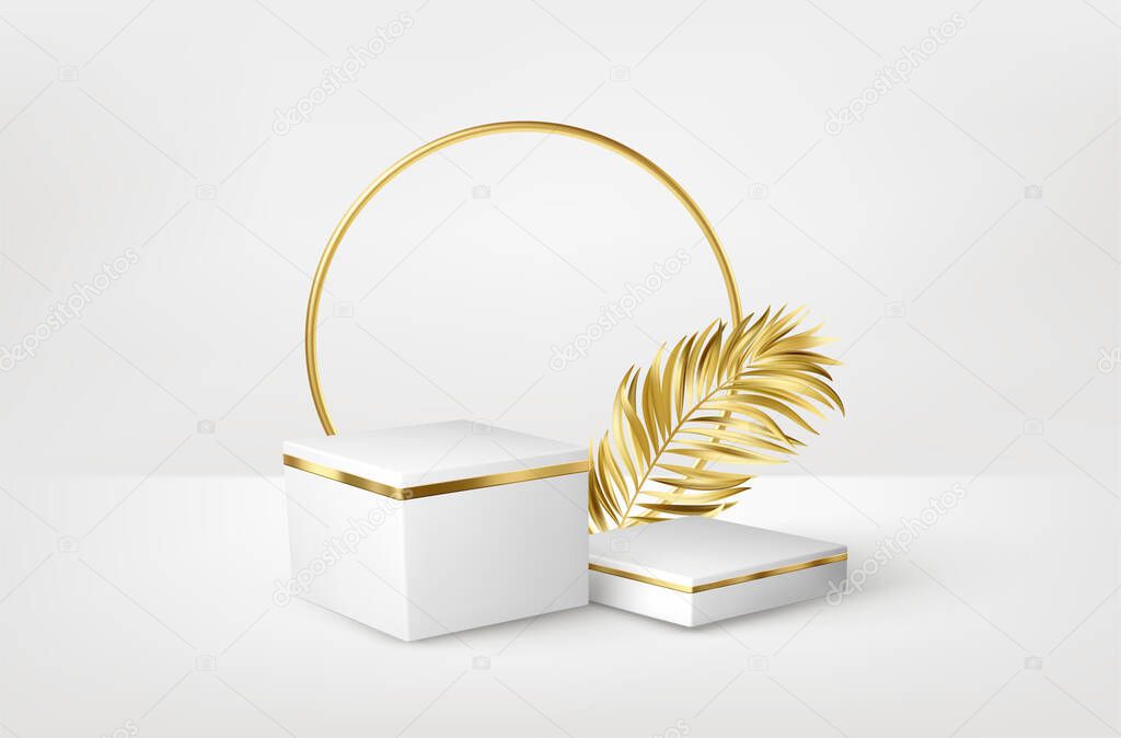 3d realistic white pedestal on white background with golden palm leaves. Empty space design luxury mockup scene for product. Vector illustration