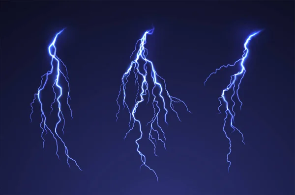 Blitzgewitter auf dunklem Hintergrund. Blaues Blitzlichtgewitter. Blaue abstrakte Hintergrund leuchten Lichteffekte elektrischen Blitz. Vektorillustration — Stockvektor