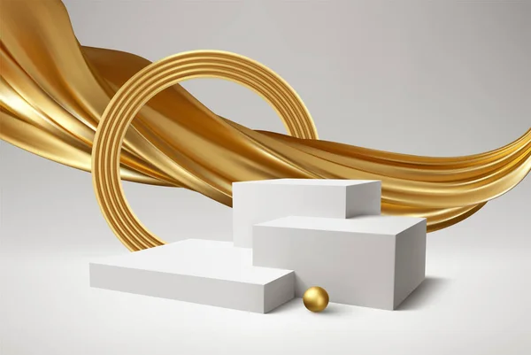 Предпосылки / контекст 3d white podium product and realistic golden swirl on the white background. Современный белый кубик подиума, отличный дизайн для любых целей. Векторная иллюстрация — стоковый вектор