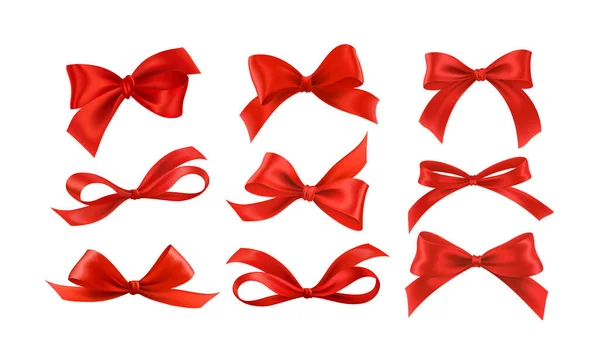 Gift bows silk red ribbon with decorative bow. Realistic luxury festive satin tape for decor or holiday packaging 3d vector set isolated on white background. Vector illustration — Stock Vector