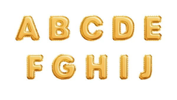 Realistisches goldenes Luftballons-Alphabet auf weißem Hintergrund. A B C D E F G H I J Buchstaben des Alphabets. Vektorillustration — Stockvektor