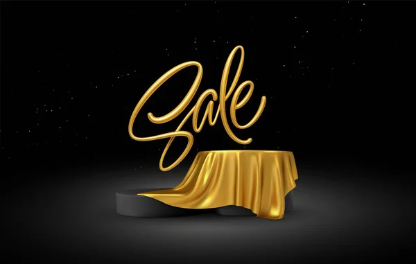 Realistische 3D Sale Gouden belettering met product podium display bedekt gouden stof gordijn plooien op zwarte achtergrond. Vectorillustratie — Stockvector